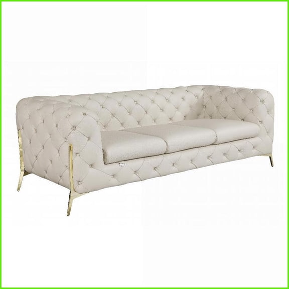 3-Person Top Grain Italian Leather Living Room Sofa  Modern Minimalist with Kiln-Dried Hardwood Frame | Beige | Tufted Back | Round Arms