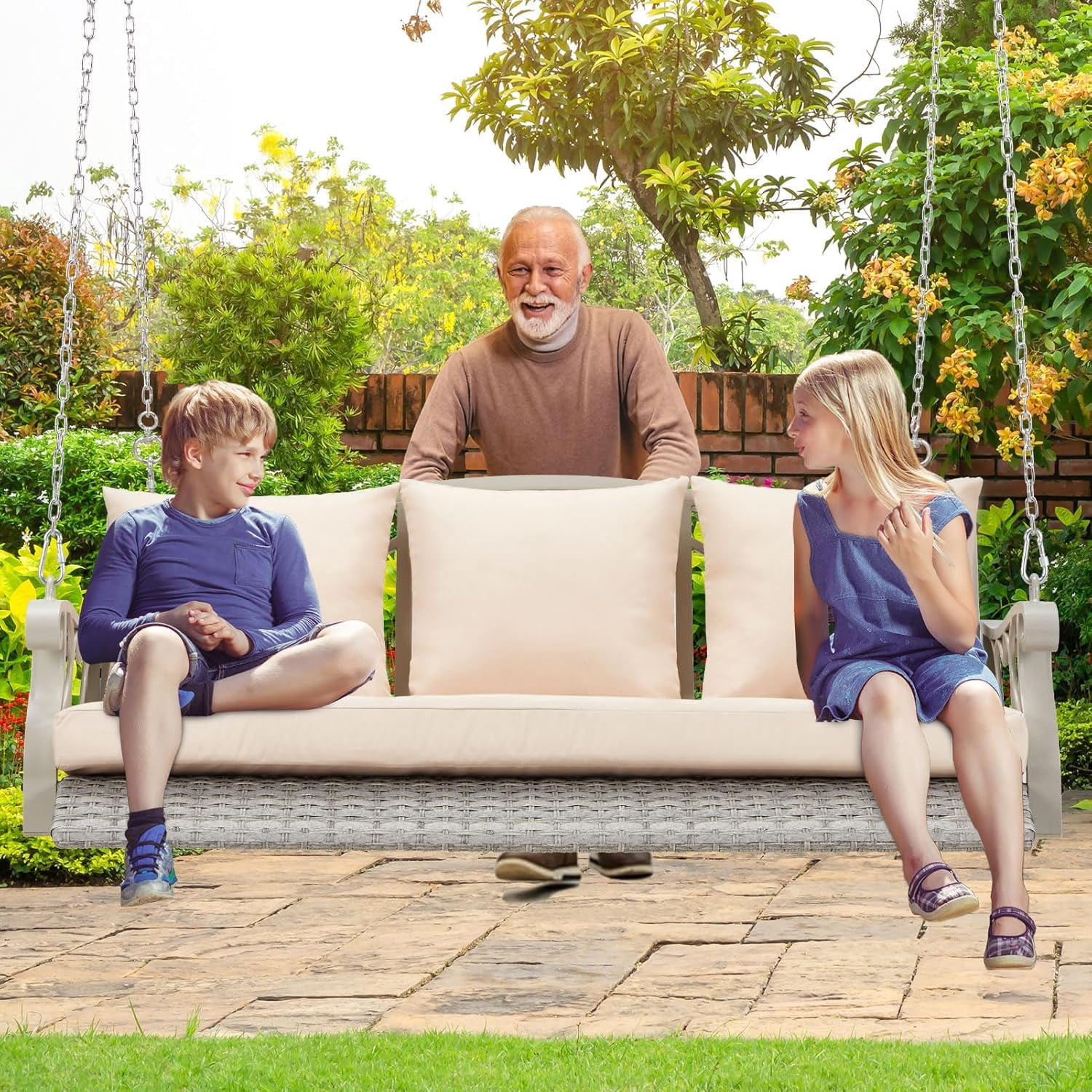 Three Chain Chair 3-Person Wicker Porch Swing Chair Heavy Duty 900 LBS Outdoor Rattan ...