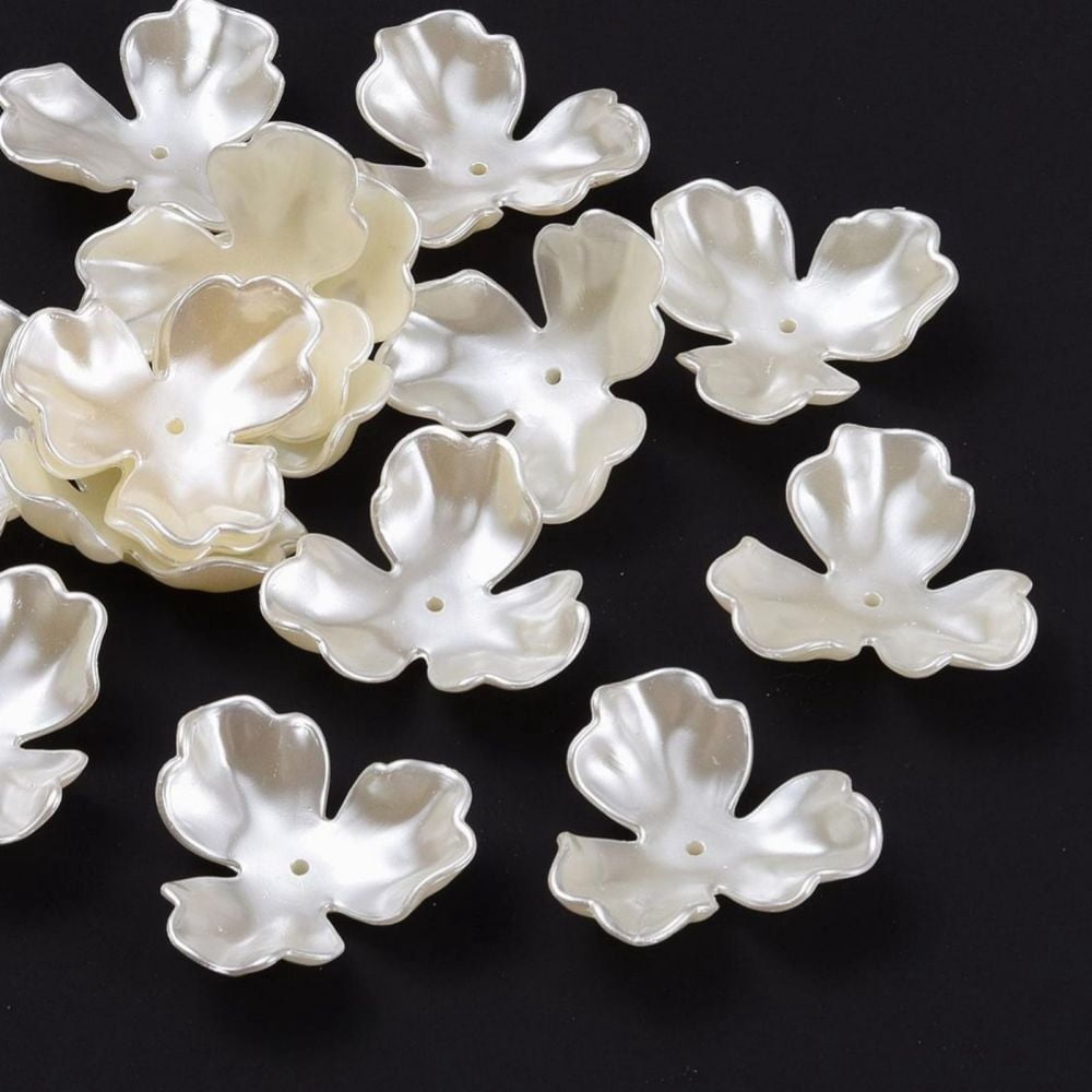 3-Petal Flower Plastic Imitation Pearl Bead Caps Creamy White Hole: 2mm Plastic 35x38x12mm