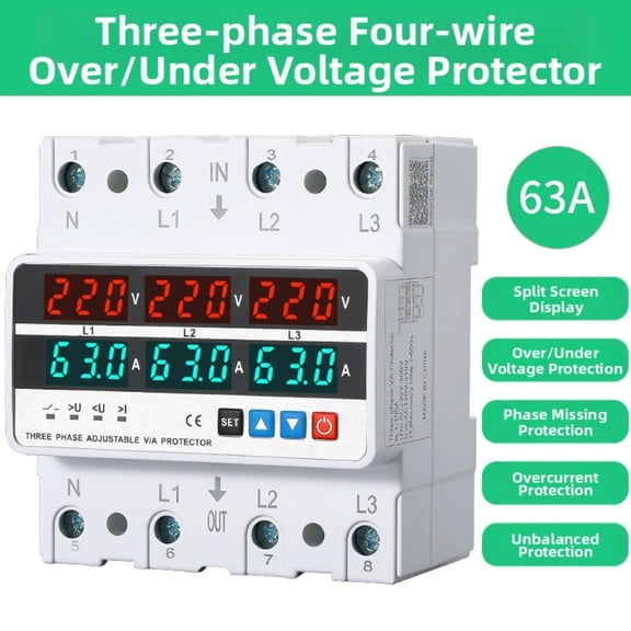 3 Phase 4-Wire Din Rail Over Under Voltage Protector 63A/100A Adjustable V/A Protector Overcurrent Protection Relays Protector