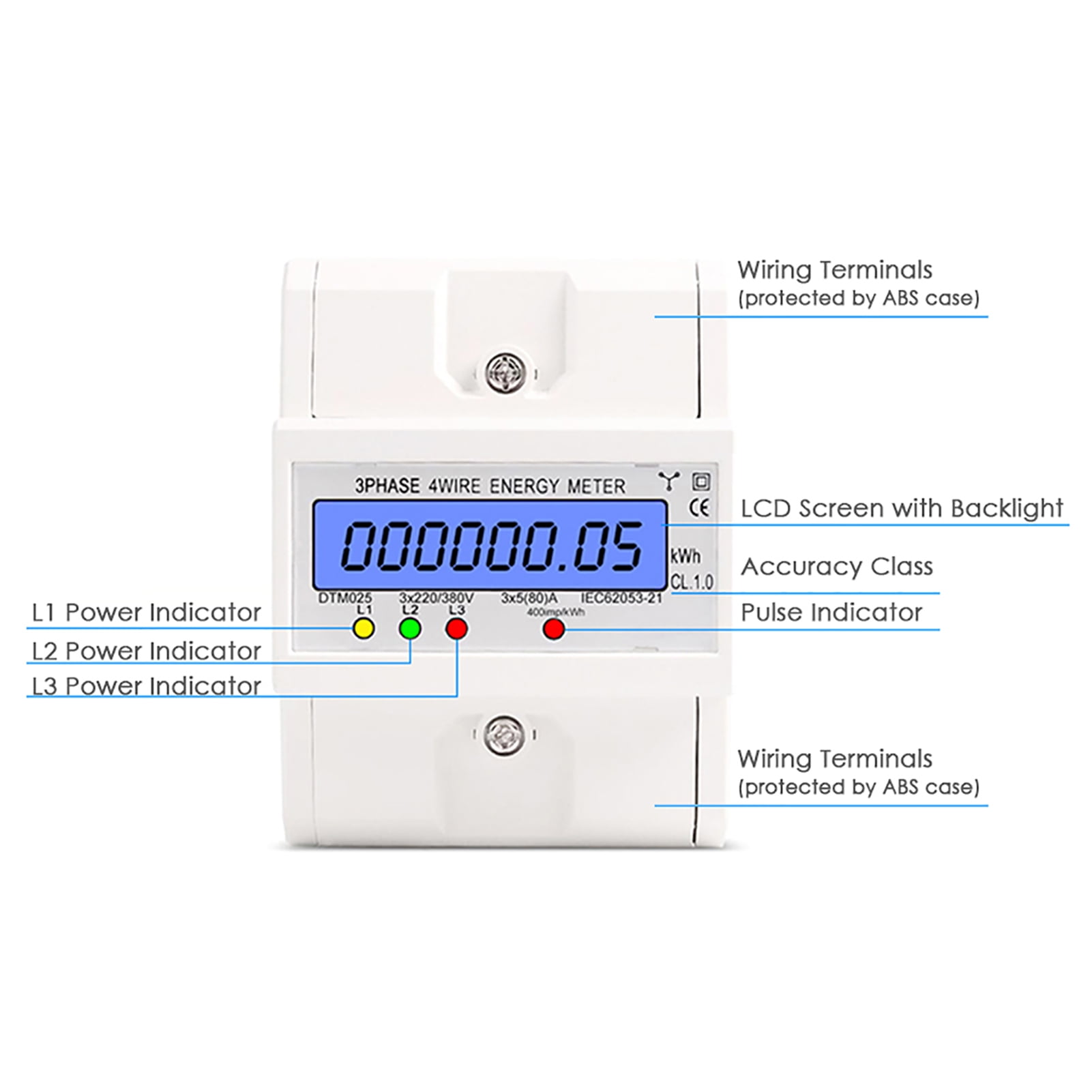 3 Phase 4 Wire Energy Meter 220/380V 5-80A Energy Consumption KWh Meter DIN Rail Installation Digital Electric Power Meter With LCD Backlight Display
