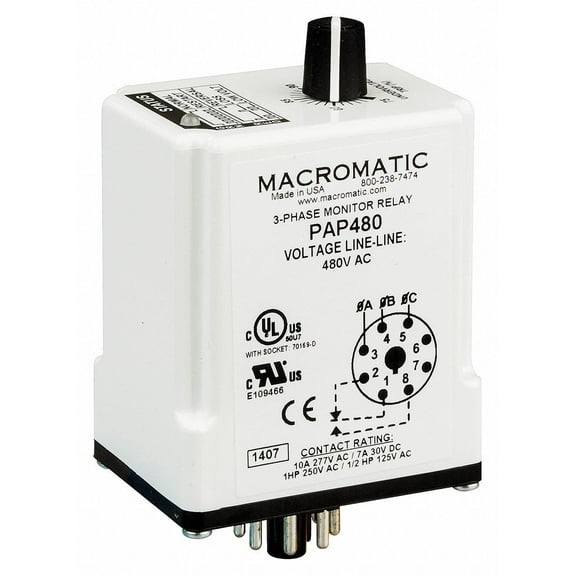 3 Phase Monitor Relay, Spdt, 240Vac, 8 Pin CA2