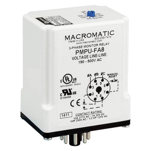 3 Phase Monitor Relay, Spdt, 500Vac, 8 Pin CA3
