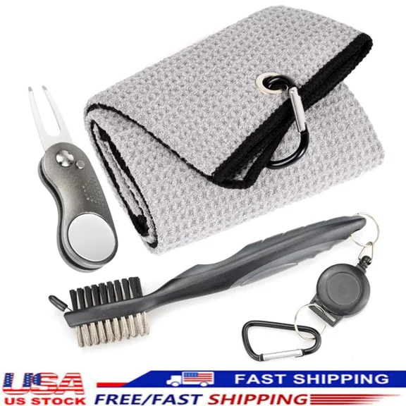 3 Pics Golf Kit Microfiber Tri-Fold Towel, Club Brush, Divot Tool Set