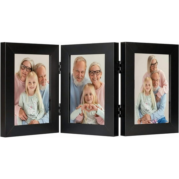 3 Picture 4x6 Trifold Photo Collage - Real Glass - Triple Folding (Black, 1 Pack)
