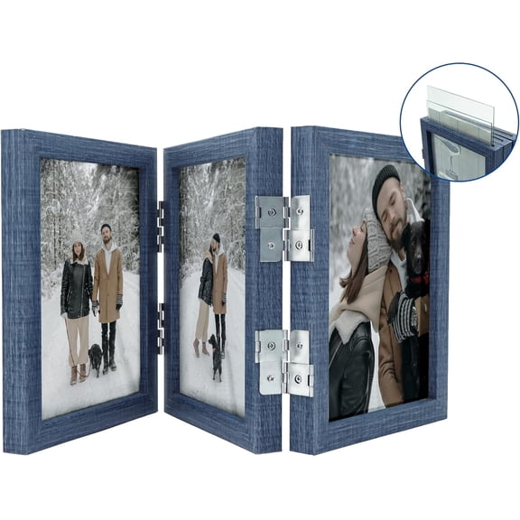 3 Picture Frame 5x7 Three Photo Collage Frame Hinged Triple Foldable Frame for Grandma Grandchildren Gift Tabletop Desk Double Side Display,Photo Display,tabletop hanging,Gift Ideas,Home Decor ( Blue