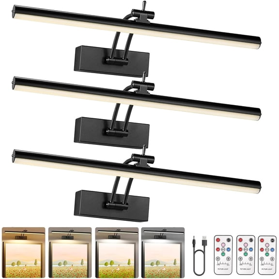 3 Picture Lights for Wall Operated, 16 inch Art Lighting for Painting, 6 Colors Picture Frame Lights with Remote, Dimmable 5200mAh Gallery Light, Black