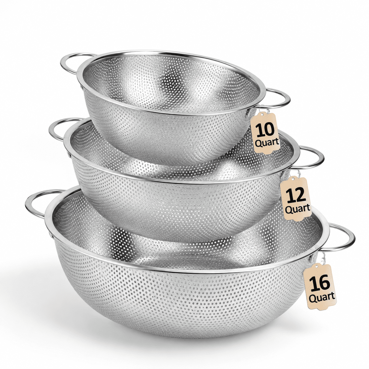 3-Piece 10/12/16 Quart Stainless Steel Colander Set For Kitchen ...
