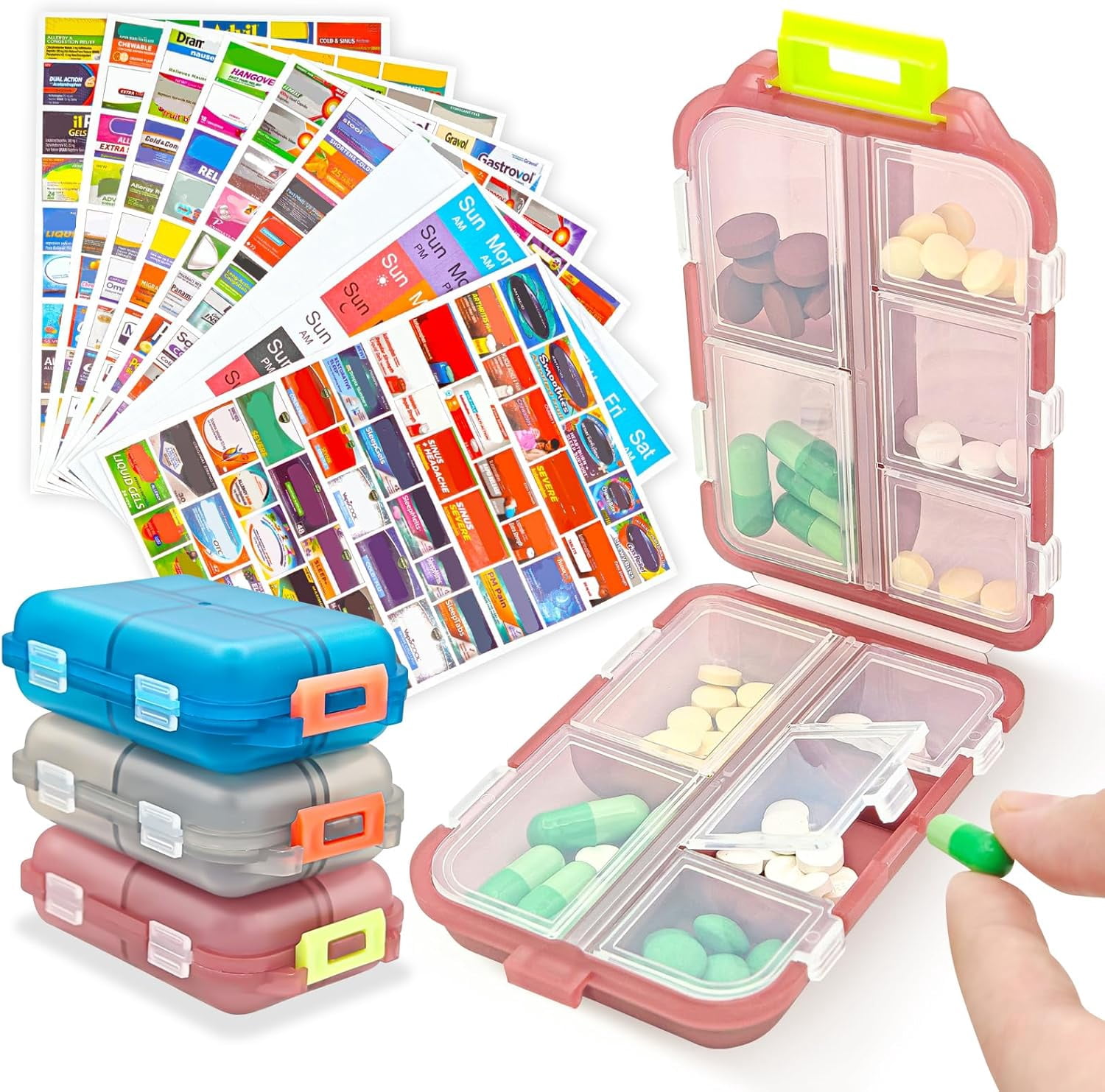 3 Piece 10 Compartment Travel Pill Organizer With Medicine Labels Portable Foldable Supplement Box