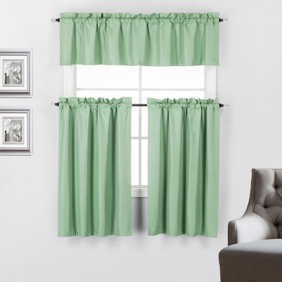 3 Piece 100% Blackout Insulated Kitchen Décor Window Treatment Curtain Panel Tiers and Valance Set - 36 inch Long Tiers and 14" inch Long Valance, Beige