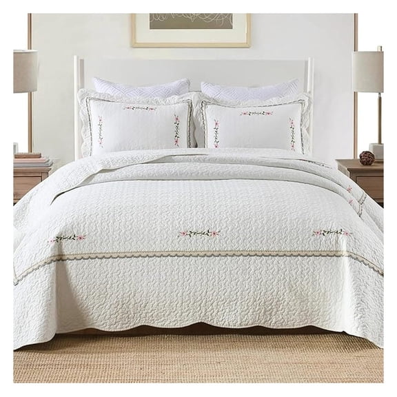 3-Piece 100% Cotton Oversized Bedspread Lightweight Quilt Coverlet Embroidery Farmhouse Bedding Set (Sakura White, Oversized Queen (100"x106"))