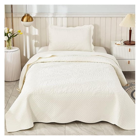 3-Piece 100% Cotton Oversized Bedspread Lightweight Quilt Coverlet Embroidery Farmhouse Bedding Set T0 (Bright White, Twin (68"x86"))