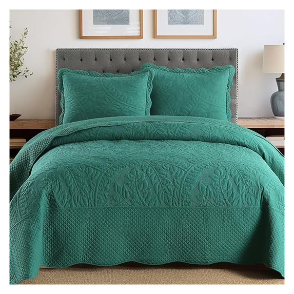 3-Piece 100% Cotton Oversized Bedspread Lightweight Quilt Coverlet Embroidery Farmhouse Bedding Set T0 (Emerald, Oversized Queen (100"x106"))