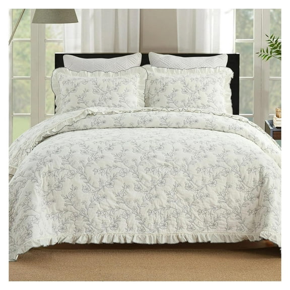 3-Piece 100% Cotton Oversized Bedspread Lightweight Quilt Coverlet Embroidery Farmhouse Bedding Set T0 (Floral, Queen (98" X 90"))