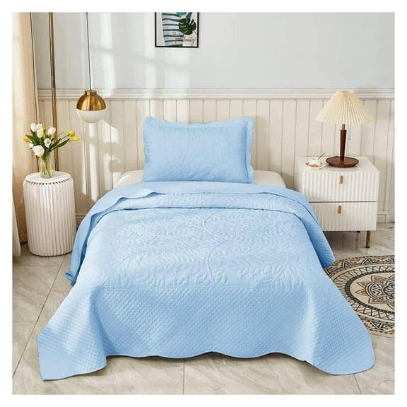 3-Piece 100% Cotton Oversized Bedspread Lightweight Quilt Coverlet Embroidery Farmhouse Bedding Set T0 (Light Blue, Twin (68"x86"))