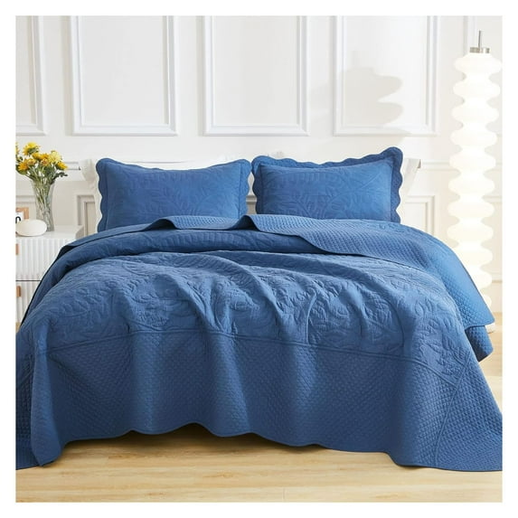 3-Piece 100% Cotton Oversized Bedspread Lightweight Quilt Coverlet Embroidery Farmhouse Bedding Set T0 (Midtone Blue, Queen (100"x106"))