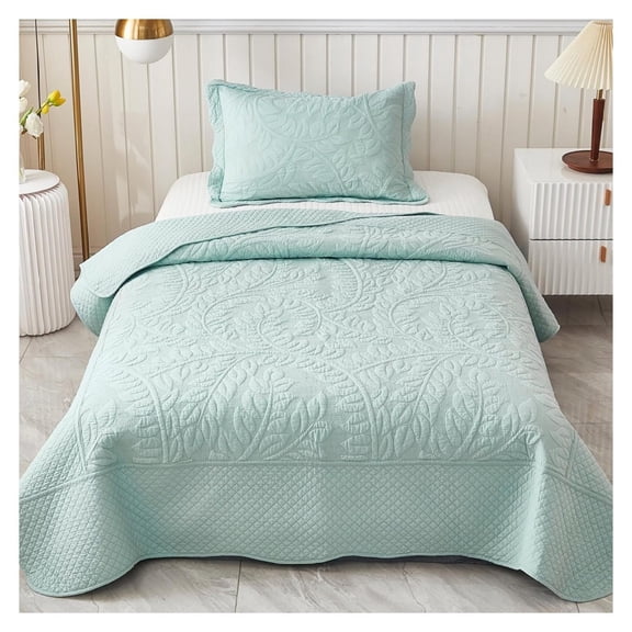 3-Piece 100% Cotton Oversized Bedspread Lightweight Quilt Coverlet Embroidery Farmhouse Bedding Set T0 (Mint Green Blue, (68"x86"))
