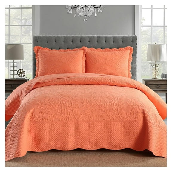 3-Piece 100% Cotton Oversized Bedspread Lightweight Quilt Coverlet Embroidery Farmhouse Bedding Set T0 (Salmon, Queen (100"x106"))