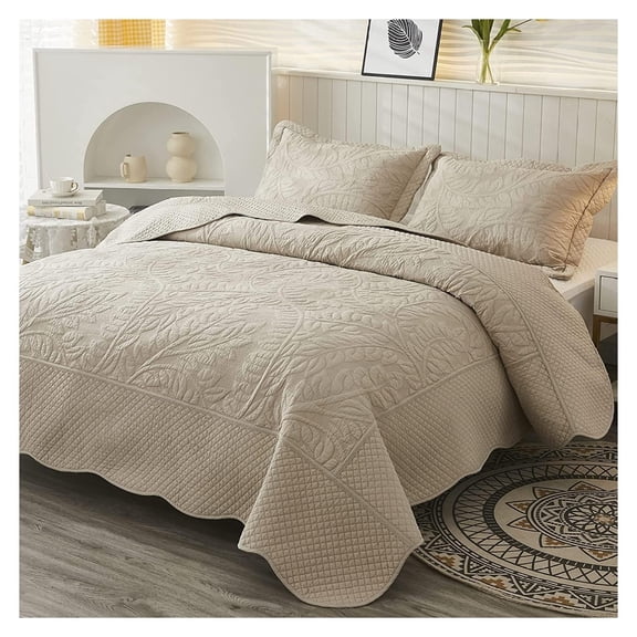 3-Piece 100% Cotton Oversized Bedspread Lightweight Quilt Coverlet Embroidery Farmhouse Bedding Set T0 (Yellowish Beige, Oversized King (118"x106"))