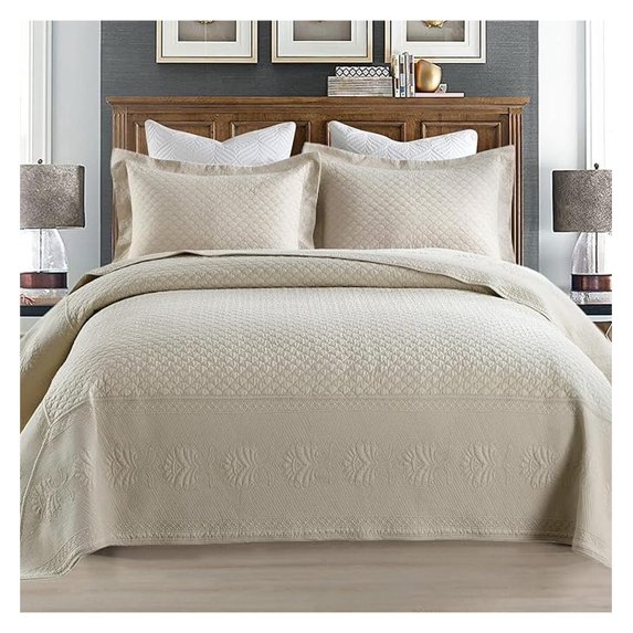 3-Piece 100% Cotton Oversized Bedspread Lightweight Quilt Coverlet Embroidery Farmhouse Bedding Set (TM Beige, Oversized Queen (100"x106"))