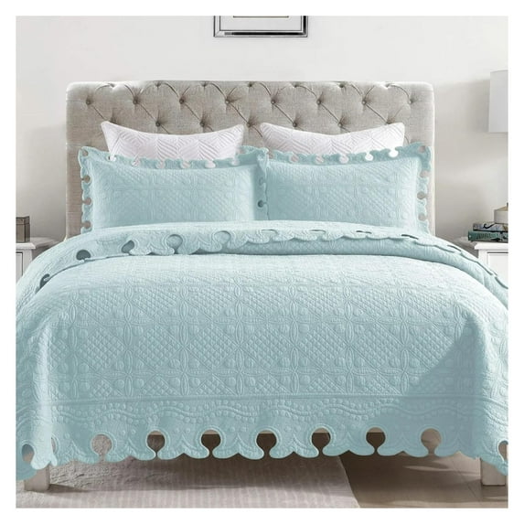 3-Piece 100% Cotton Oversized Bedspread Lightweight Quilt Coverlet Embroidery Farmhouse Bedding Set (TW Mint Green Blue, Queen (100"x106"))