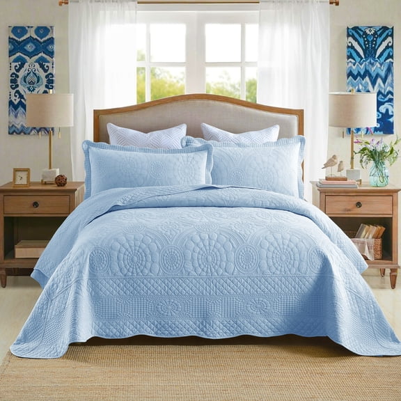 3-Piece 100% Cotton Oversized Bedspread Set Coverlet Set Embroidered Quilt Set Farmhouse Bedding Set TF