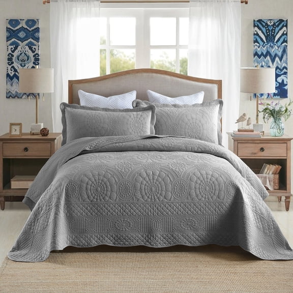 3-Piece 100% Cotton Oversized Bedspread Set Coverlet Set Embroidered Quilt Set Farmhouse Bedding Set TF