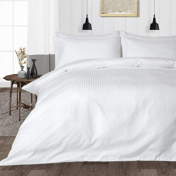 3 Piece 100% Egyptian Cotton Duvet Cover Set with Zipper Closure - Luxury Soft & 400TC Comforters & Duvets Cover- Hotel Style Silky Bedding Collection - White Stripe, Queen Size.