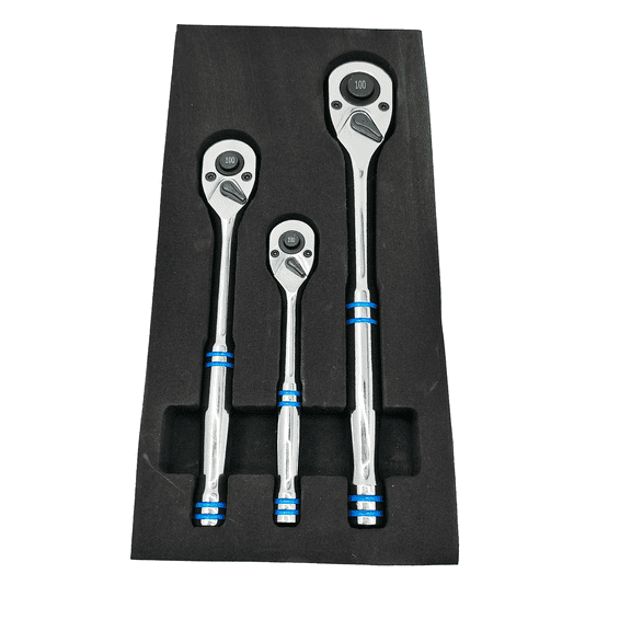 3-Piece 100-Tooth Ratchet Set, 1/2", 3/8", 1/4" Drive Fine-Tooth Reversible Ratchets with Quick-Release, Chrome-Plated Steel Handle, Smooth Operation for Automotive, Machinery & Home Repair