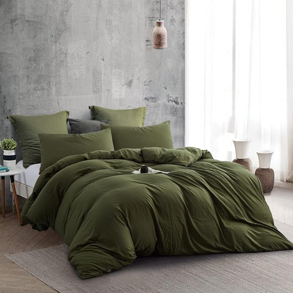 Olive Green 3-Piece Washed Cotton Queen Duvet Cover Set