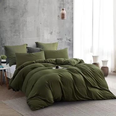 JOLUSERE 3 Piece 100% Washed Cotton Army Green Duvet Cover Set Luxury Soft and Breatheable Bedding Set with Zipper Closure,Queen Size