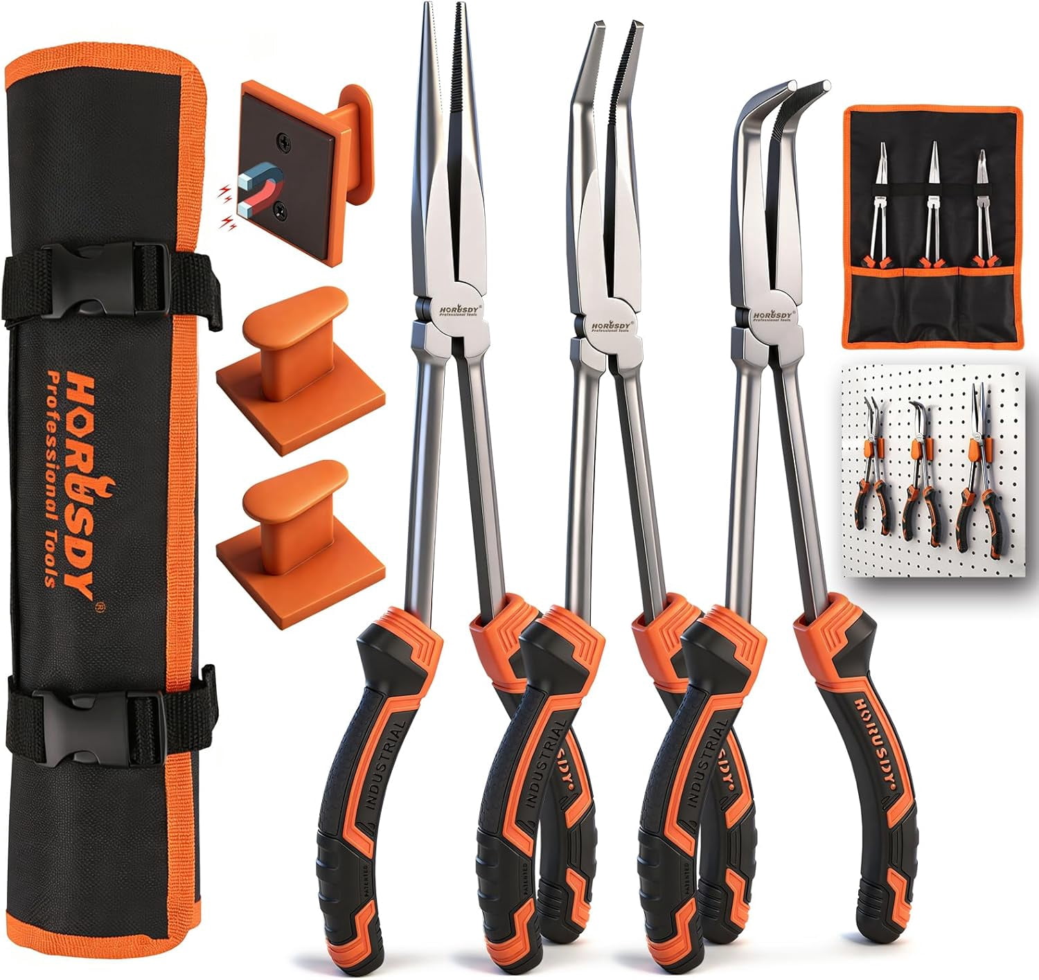 3-Piece 11 Inch Long Reach Needle Nose Pliers Set, Extra Long Straight, 45° & 90° Bent Nose Pliers with 3 Magnetic Plier Racks and Roll-Up Storage Bag for Tight Spaces