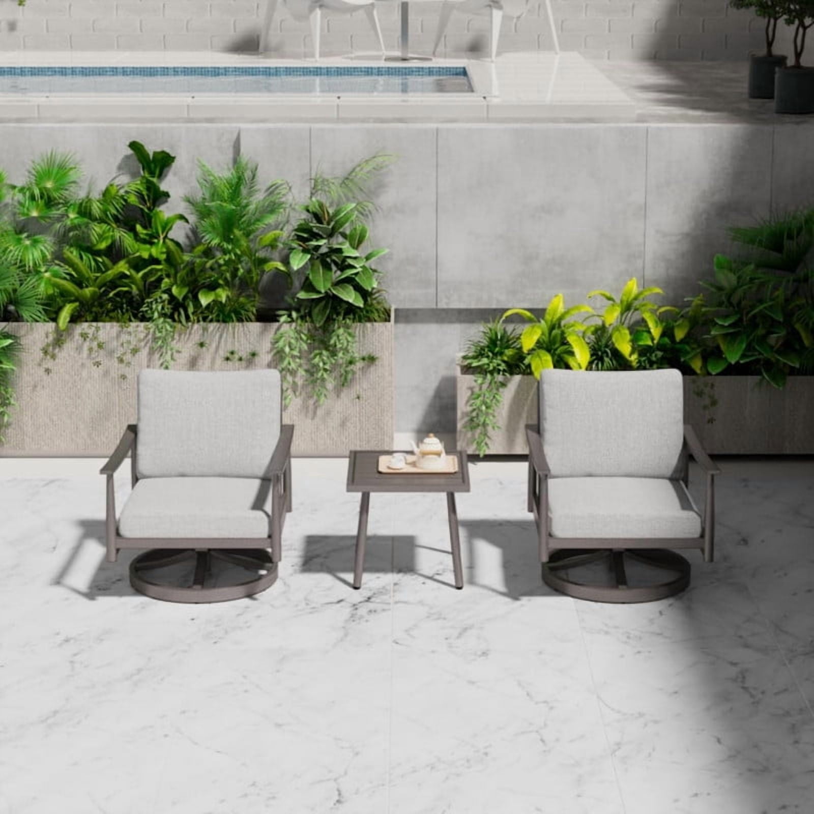 3-Piece 2 Accent Swivel Dining Arm Chairs with Aluminum Side Table, Outdoor Bistro Set