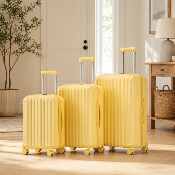 3 Piece 20/24/28 Inch Yellow ABS Hardshell Spinner Luggage Set CarryOn Suitcase with USB Port Cup Holder Phone Holder Waterproof Rolling Travel Luggage for Family Vacation Business Trip