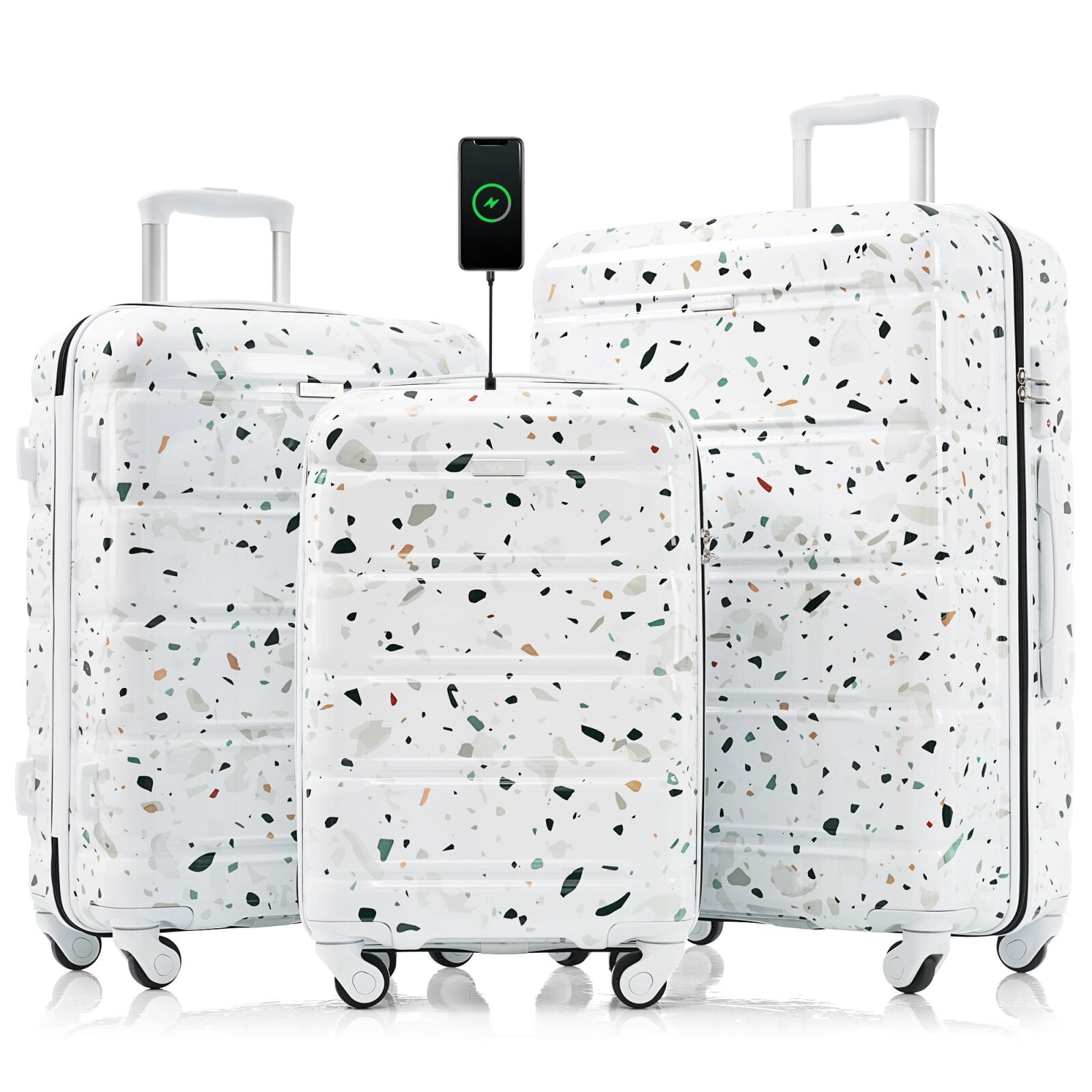 3-Piece 20-Inch ABS+PC Hard Shell Luggage Set with USB Port & Spinner Wheels, Airline Certified Carry-On, Starry Sky White