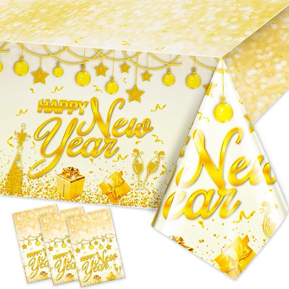 3 Piece 2026 New Year Tablecloths White Gold 108 x 54 Inches
