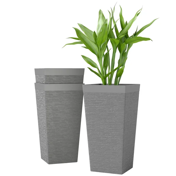 3-Piece 22.8" Tall Stone-Look Planter Pots with Wheels, 13 Gal Plastic Planters with Drainage Plug, Indoor & Outdoor Mobile Plant Pots