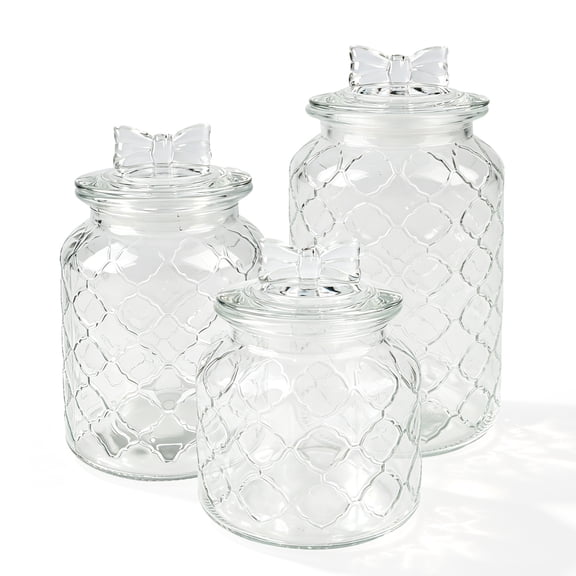 Wanchiy 3-Piece 3 Different Size Up to 46 oz Bow Lid Glass Storage Jar Set, Diamond Embossed Airtight Canisters for Kitchen Pantry Dry Food Organization Use