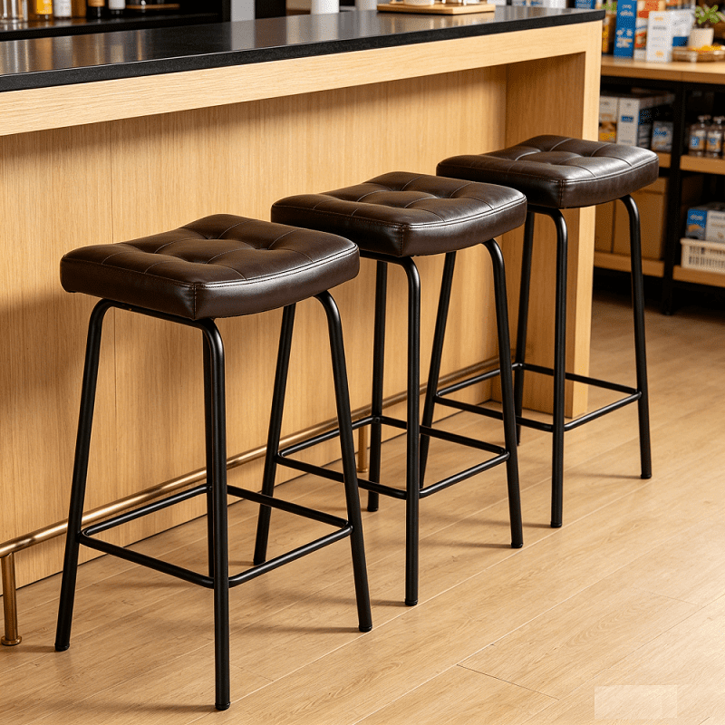 3-Piece 24-Inch Tufted Faux Leather Saddle Counter Stools with Metal Legs, Black Brown