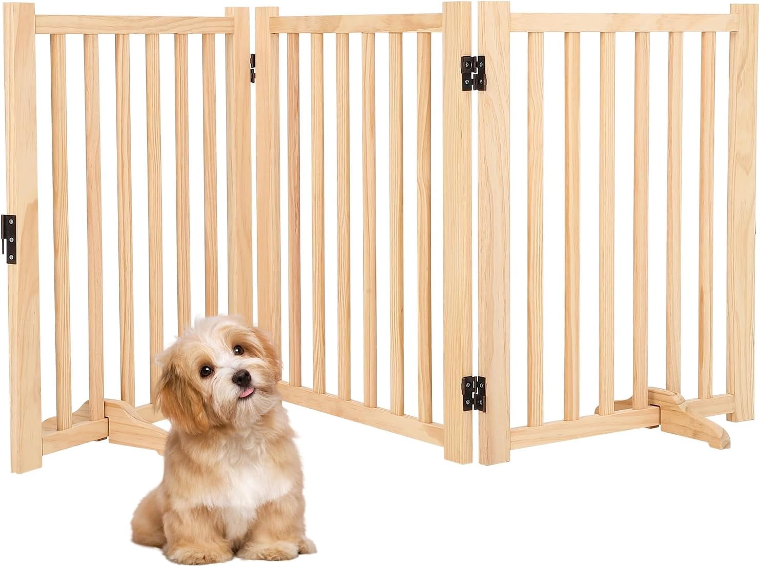 3-Piece 24" Wood Dog Door - Freestanding Pet Door with Non-Slip Pad, No Drilling Required! Hardwood Folding Door for Stairs, Kitchens, Doorways (Natural Wood)