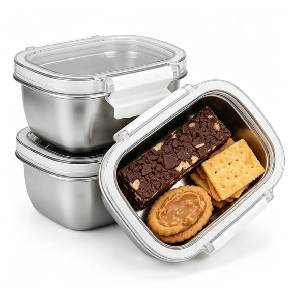 Eplumivor Silver Stainless Steel Containers with Lids, Leakproof Reusable Food Storage Containers for Dips, Condiments, Snacks, 3 Count
