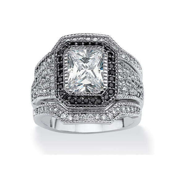 3 Piece 3.36 TCW Emerald-Cut Cubic Zirconia Halo Row Bridal Ring Set Platinum over Sterling Silver