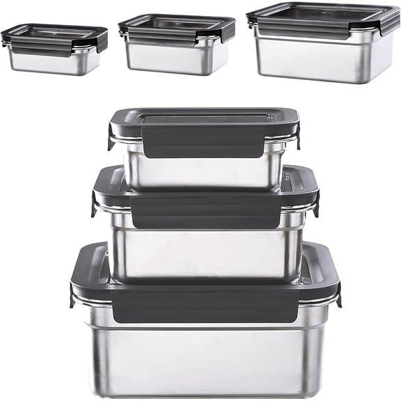 3-Piece 304 Stainless Steel Food Storage Containers with Lids – Nestable, Stackable, Leak-Proof Silicone Seal, 2500ML+1100ML+450ML, Dishwasher Safe Reusable Lunch Boxes, Black
