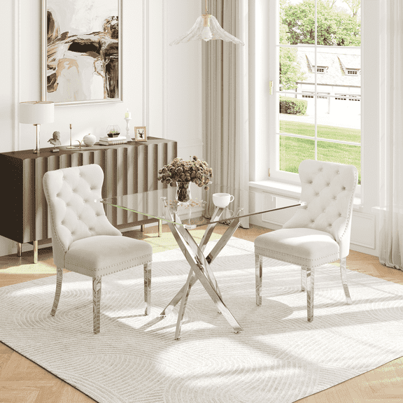 3-Piece 36" Square Glass Dining Table for 2, Clear Tempered Glass Top & stainless steel Metal Legs Dining Table with Dining Chairs for Dining Room, Kitchen, Meeting Room