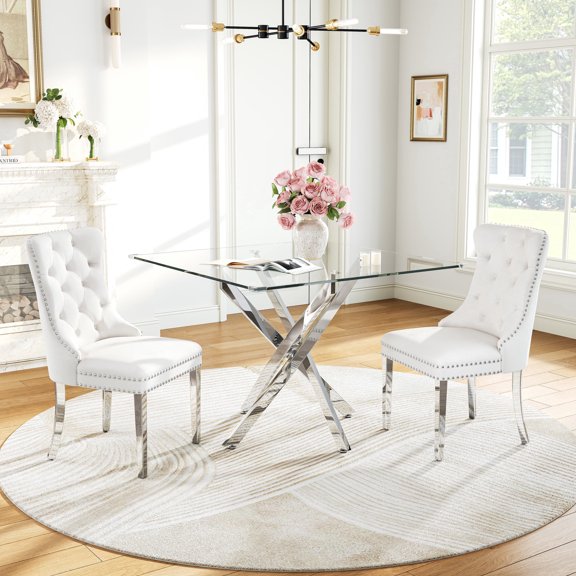 36" Square Tempered Glass Dining Table Set for 2, Stainless Steel Cross-Leg Base, 2 Velvet Chairs with Nailhead Trim, for Apartment, Kitchen