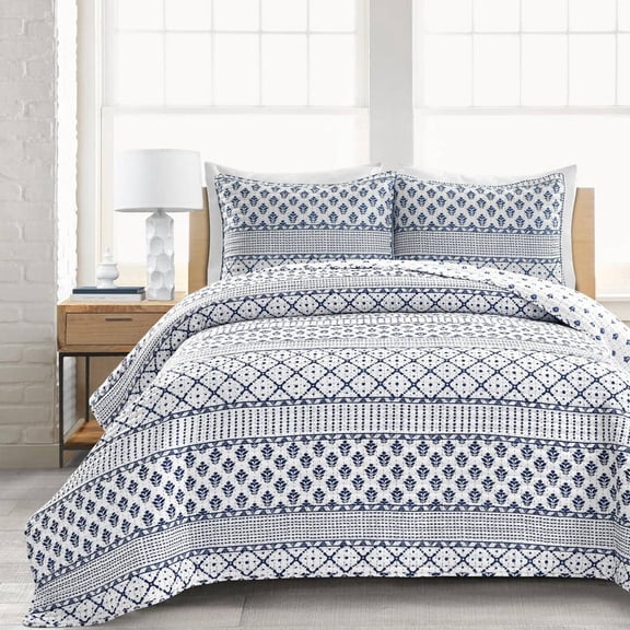3-Piece 320-Thread Count Monique Stripe Navy/White King Polyester Quilt