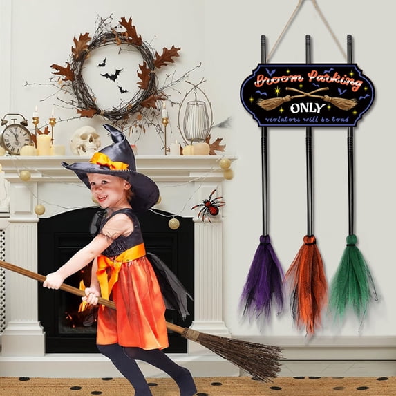 3 Piece 35" Witch Broom Hanging Decor Set, Wooden Spooky Pendant with Long Rope and Hooks for Halloween Party Scene Indoor Outdoor Display