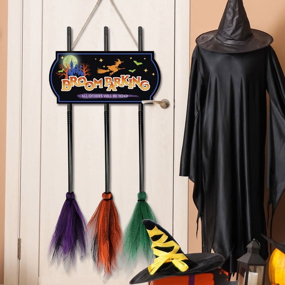 3 Piece 35" Witch Broom Hanging Decor Set, Wooden Spooky Pendant with Long Rope and Hooks for Halloween Party Scene Indoor Outdoor Display