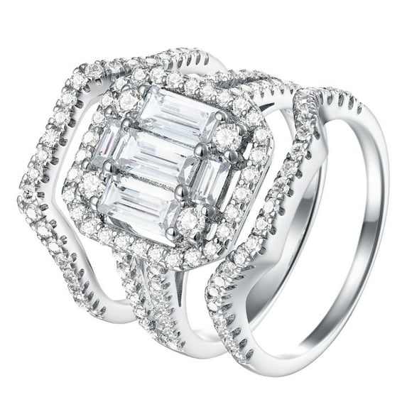Hidden Gems Jewelry 4.04CT Baguette Cut Cubic Zirconia Three Piece Engagement Ring Set for Women CZ 925 Sterling Silver Size 5-10
