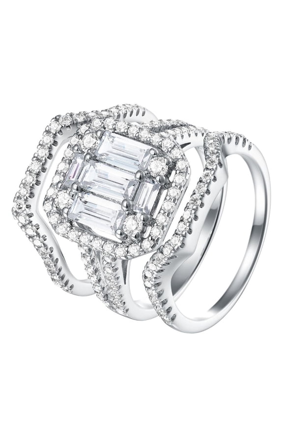 Jewelry 4.04CT Baguette Cut Cubic Zirconia Three Piece Engagement Ring Set for Women CZ 925 Sterling Silver Size 5-10